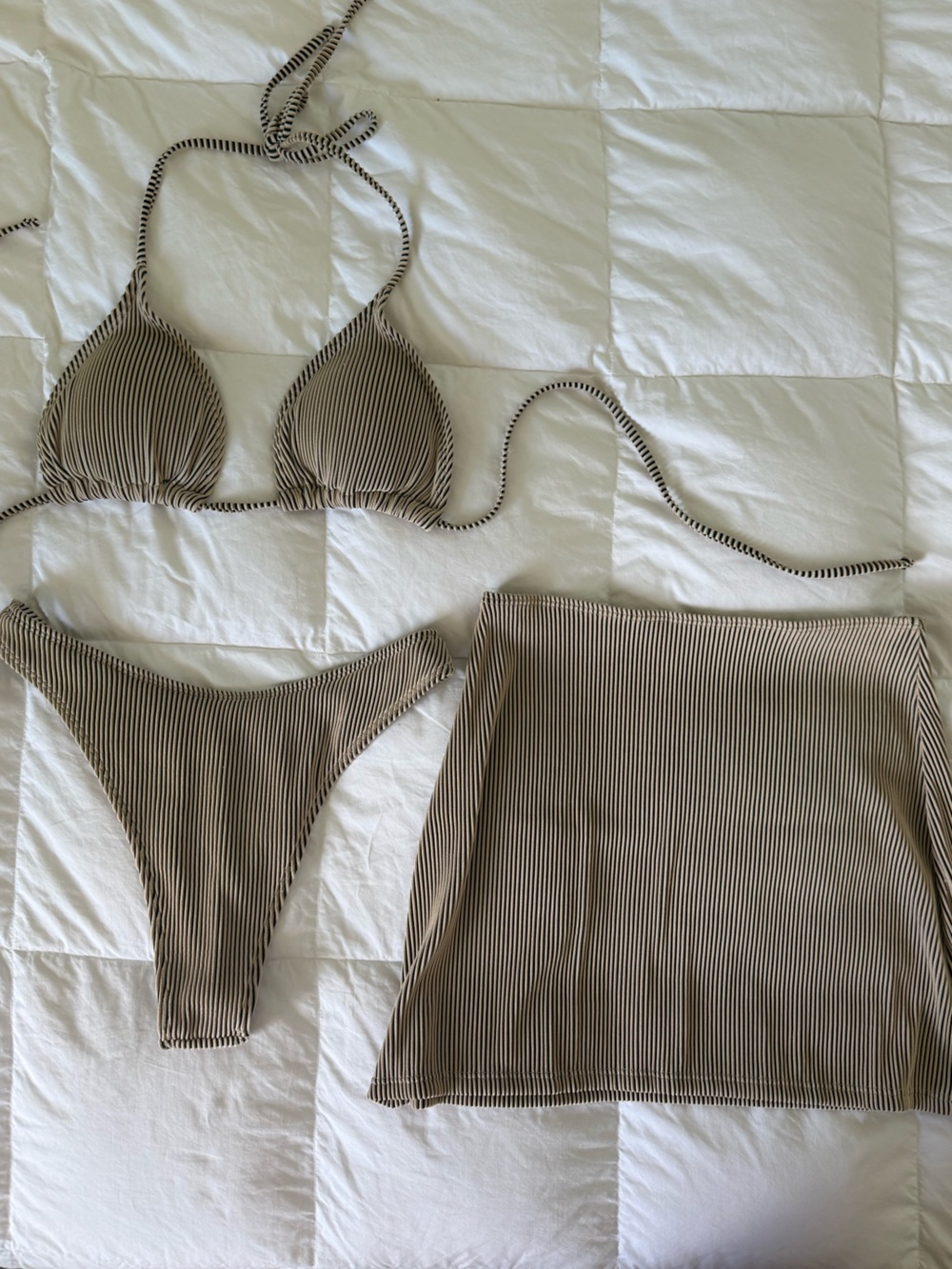 Ribbed Triangle Bikini 3 Piece Set with Skirt in Beige and Black